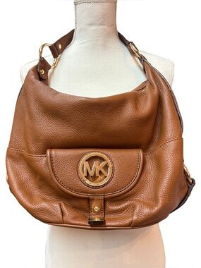 Michael Kors Cognac Pebbled Leather Shoulder Hobo with Gold MK Logo